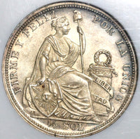 1908/7 NGC MS 62 Peru 1/2 Sol Silver Seated Liberty Rare 30k Coin (21032103D)