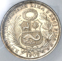 1908/7 NGC MS 62 Peru 1/2 Sol Silver Seated Liberty Rare 30k Coin (21032103D)