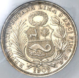 1908/7 NGC MS 62 Peru 1/2 Sol Silver Seated Liberty Rare 30k Coin (21032103D)