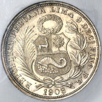 1908/7 NGC MS 62 Peru 1/2 Sol Silver Seated Liberty Rare 30k Coin (21032103D)