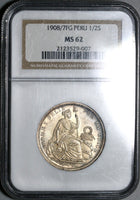 1908/7 NGC MS 62 Peru 1/2 Sol Silver Seated Liberty Rare 30k Coin (21032103D)