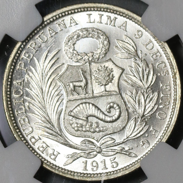 1915 NGC MS 65 Peru 1/2 Sol Silver Seated Liberty Mint State Coin (21030701C)