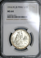 1916 NGC MS 64 Peru 1/2 Sol Seated Liberty Silver Coin (20061603C)