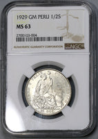 1929 NGC MS 63 PERU Silver 1/2 Sol Coin Lot B (18091107C)