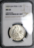 1929 NGC MS 63 Peru 1/2 Sol Seated Liberty Silver Coin (22101201C)