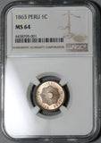 1863 NGC MS 64 Peru 1 Un Centavo Lustrous Coin (21032102D)