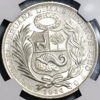 1914 NGC MS 65 Peru Sol Gem BU Seated Liberty Crown Coin (20042201C)