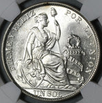 1916 NGC MS 63 Peru 1 Sol Seated LIberty Silver Last 90% Coin (21052405C)
