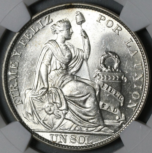 1916 NGC MS 63 Peru 1 Sol Seated LIberty Silver Last 90% Coin (21052405C)