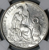 1916 NGC MS 63 Peru 1 Sol Seated LIberty Silver Last 90% Coin (21052405C)