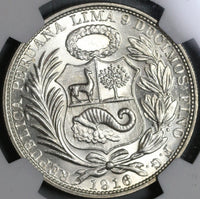 1916 NGC MS 63 Peru 1 Sol Seated LIberty Silver Last 90% Coin (21052405C)