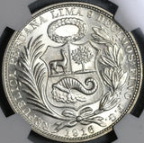 1916 NGC MS 63 Peru 1 Sol Seated LIberty Silver Last 90% Coin (21052405C)