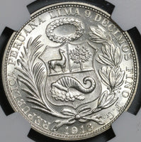 1916 NGC MS 63 Peru 1 Sol Seated LIberty Silver Last 90% Coin (21052405C)