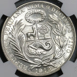 1916 NGC MS 63 Peru 1 Sol Seated LIberty Silver Last 90% Coin (21052405C)