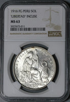 1916 NGC MS 63 Peru 1 Sol Seated LIberty Silver Last 90% Coin (21052405C)
