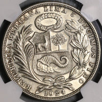 1924/824 NGC AU 58 Peru 1 Sol Silver Error Seated Liberty Philadelphia Coin (21012701C)