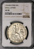 1924/824 NGC AU 58 Peru 1 Sol Silver Error Seated Liberty Philadelphia Coin (21012701C)