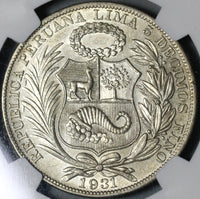1931 NGC AU 58 Peru 1 Sol Silver Seated Liberty 24,000 Minted Coin (21012702C)