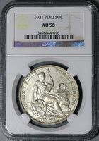 1931 NGC AU 58 Peru 1 Sol Silver Seated Liberty 24,000 Minted Coin (21012702C)