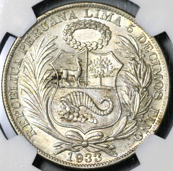 1933 NGC AU 58 Peru 1 Sol Silver Seated Liberty 5,000 Minted Coin (21012703C)