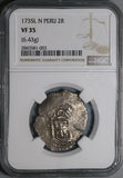 1735 NGC VF 35 Peru Cob 2 Reales Spain Colonial Philip V Silver Coin POP 1/0 (22061301C)