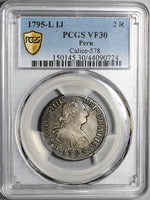 1795 PCGS VF 30 Peru 2 Reales Charles IIII Spain Colonial Silver Coin (22032601C)
