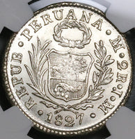 1827 NGC MS 64 Peru 2 Reales Standing LIberty Silver Coin POP 1/0 (22102601C)
