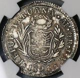 1828 NGC MS 61 Peru 2 Reales Standing LIberty Silver Coin POP 1/3 (22040701C)