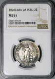 1828 NGC MS 61 Peru 2 Reales Standing LIberty Silver Coin POP 1/3 (22040701C)