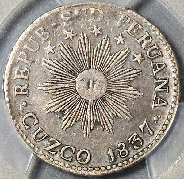 1837-C PCGS VF Det Peru 2 Reales Cuzco South Silver Coin (22012604C)