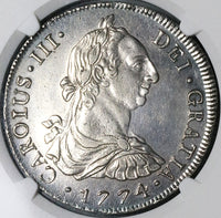 1774 NGC AU Peru 8 Reales Charles III Lima Pillars Silver Dollar Coin (23032601D)