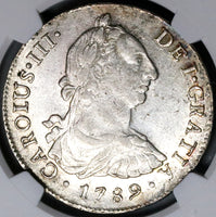 1789 NGC AU 58 Peru 8 Reales Charles III Lima Pillars Silver Coin (22090201C)