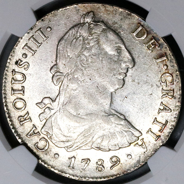 1789 NGC AU 58 Peru 8 Reales Charles III Lima Pillars Silver Coin (22090201C)