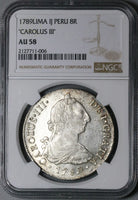 1789 NGC AU 58 Peru 8 Reales Charles III Lima Pillars Silver Coin (22090201C)