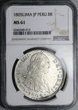 1805 NGC MS 61 Peru 8 Reales Charles IIII Lima Pillars Silver Dollar Coin (23031001C)