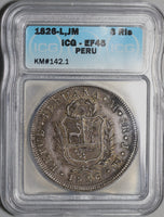 1826 ICG XF 45 Peru 8 Reales Lima Standing Liberty Shield Silver Coin (21061203C)