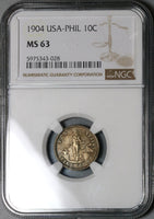 1904 NGC MS 63 Philippines 10 Centavos 11K Silver USA Coin (22050901D)