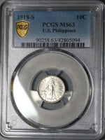 1918-S PCGS MS 63 Philippines 10 Centavos USA Administration Silver Coin (21122505C)