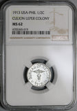 1913 NGC MS 62 Philippines 1/2 Centavo Culion Leper Colony Coin (20120203C)