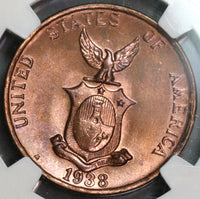 1938-M NGC MS 65 RB Philippines 1 Centavo Mint State Coin (19092202C)