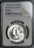 1936 NGC MS 65+ Philippines Peso Roosevelt Quezon Silver Commonweatlth Coin (21032201D)