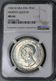 1936 NGC MS 66 Philippines Peso Murphy Quezon Silver USA Commemorative Coin (21061401C)