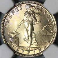 1929-M NGC MS 62 Philippines 20 Centavos Silver Manila Mint USA Coin (20102503C)