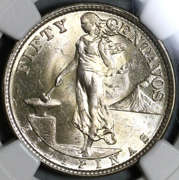 1921 NGC MS 62 Philippines 50 Centavos Silver USA Coin (20102504C