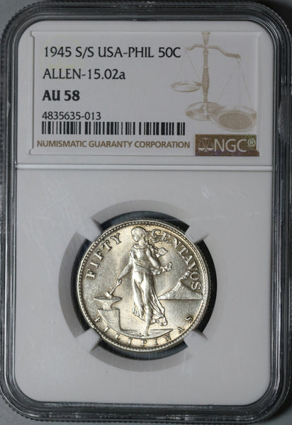 1945-S/S NGC AU 58 Philippines 50 Centavos Silver San Francisco