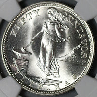 1945-S NGC MS 65 Philippines Silver 50 Centavos GEM BU WWII Coin (21022602C)
