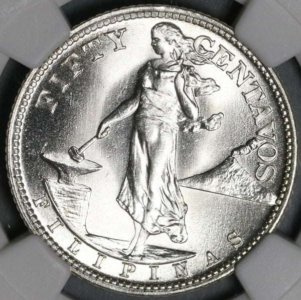 1945-S NGC MS 65 Philippines Silver 50 Centavos GEM BU WWII Coin (21022602C)