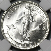 1945-S NGC MS 65 Philippines Silver 50 Centavos GEM BU WWII Coin (21022602C)