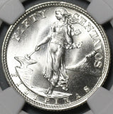 1945-S NGC MS 65 Philippines Silver 50 Centavos GEM BU WWII Coin (21022602C)
