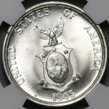 1945-S NGC MS 65 Philippines Silver 50 Centavos GEM BU WWII Coin (21022602C)